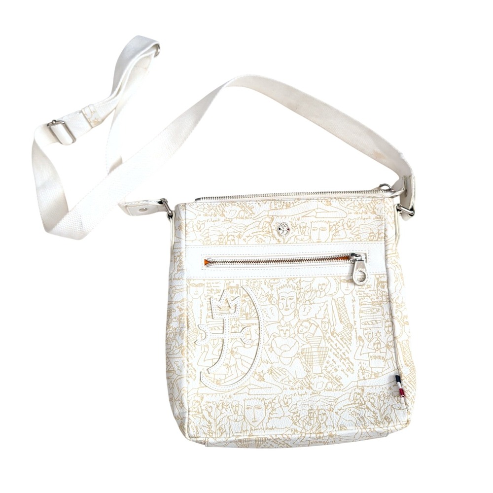 Castelbajac White Tan Line Art Print Crossbody Bag Orange Interior 10x9x2.5"